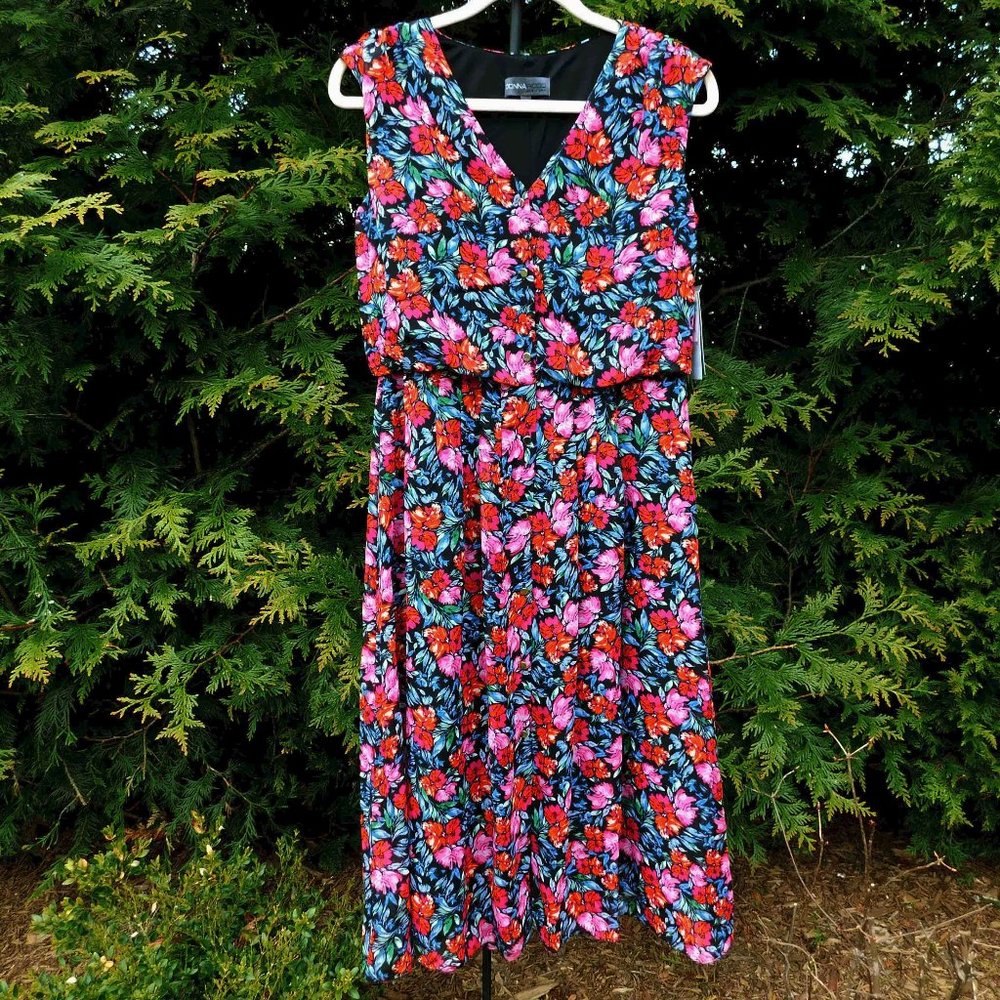 Donna Ricco Floral Chiffon Buttonfront Blouson Midi Dress NWT